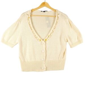Lulus Button Up Cropped Sweater Sz XL Cream Floral‎ Embroidered Short Sleeve